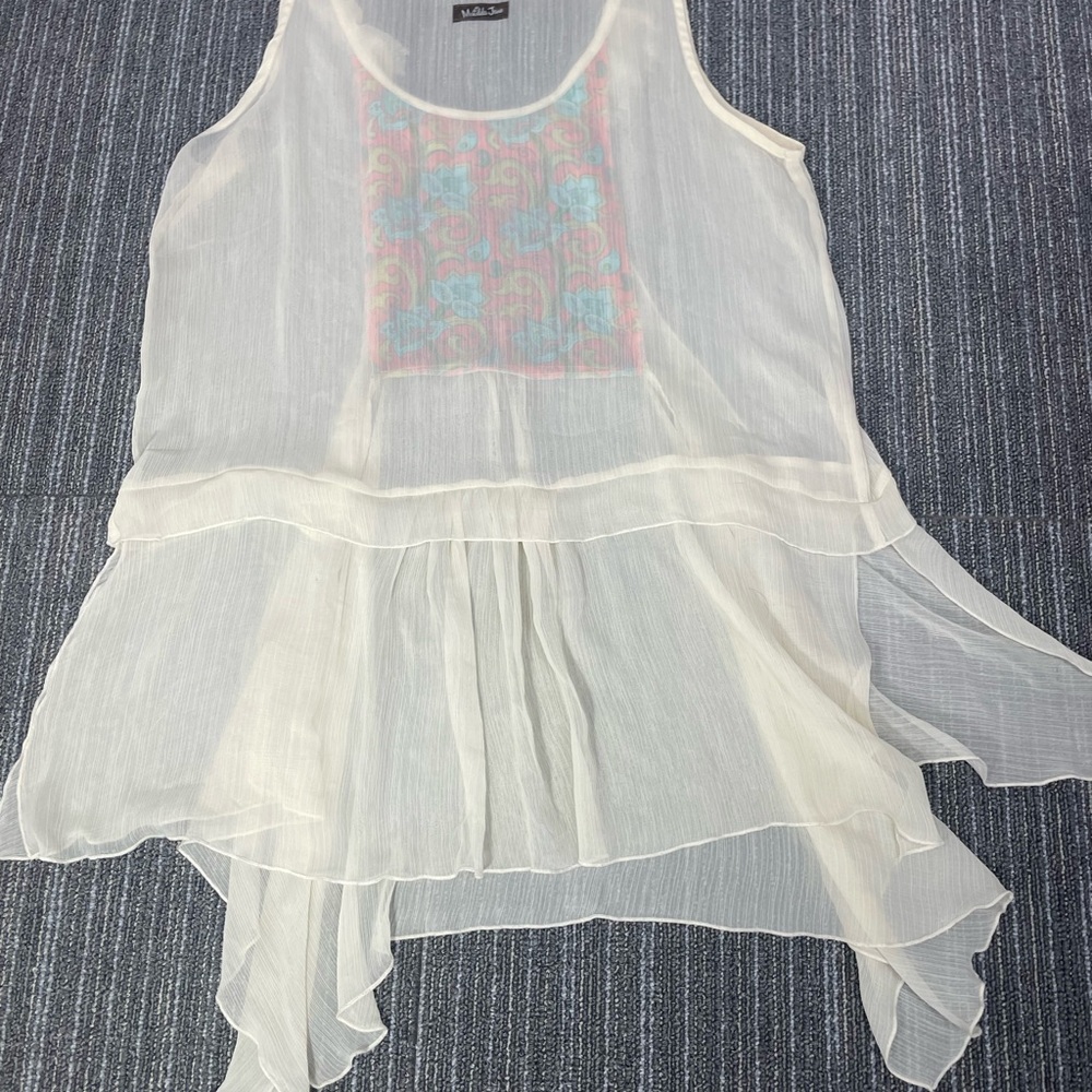 Matilda Jane Sheer White Sleeveless Tunic with Colorful Pattern - Picture 3 of 6